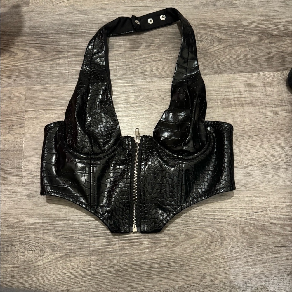 Edikted Black Croc-Embossed Halter Top